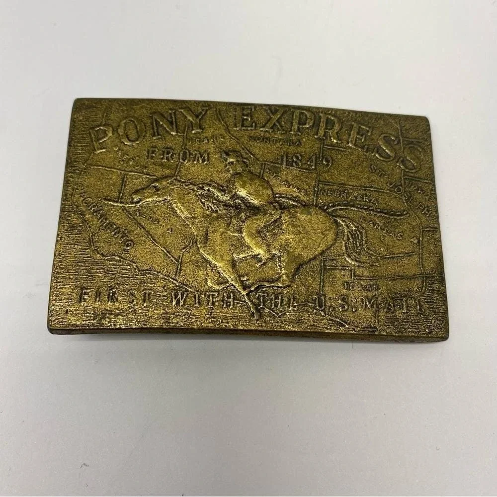Vintage Pony Express Belt Buckle‎ Mens OS Gold Brass Western Rider 1849 Map